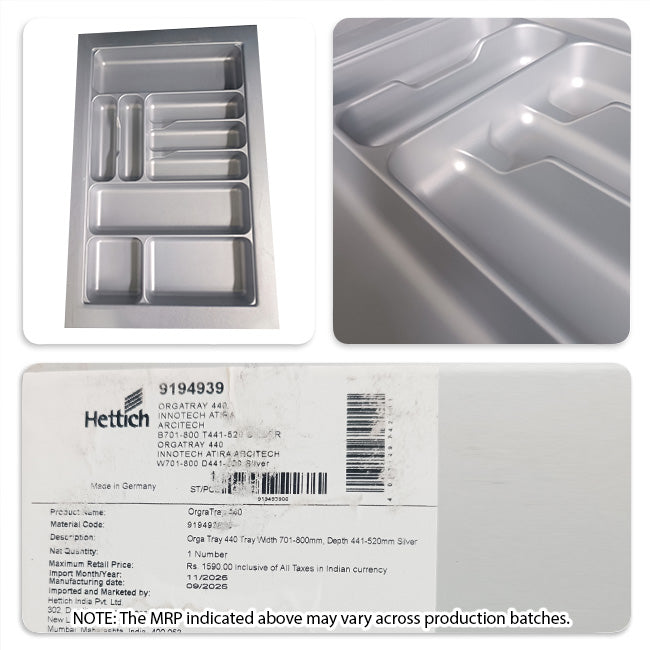 Hettich OrgaTray 440 Trimmable (Fixed Partition) Cutlery Insert, Silver