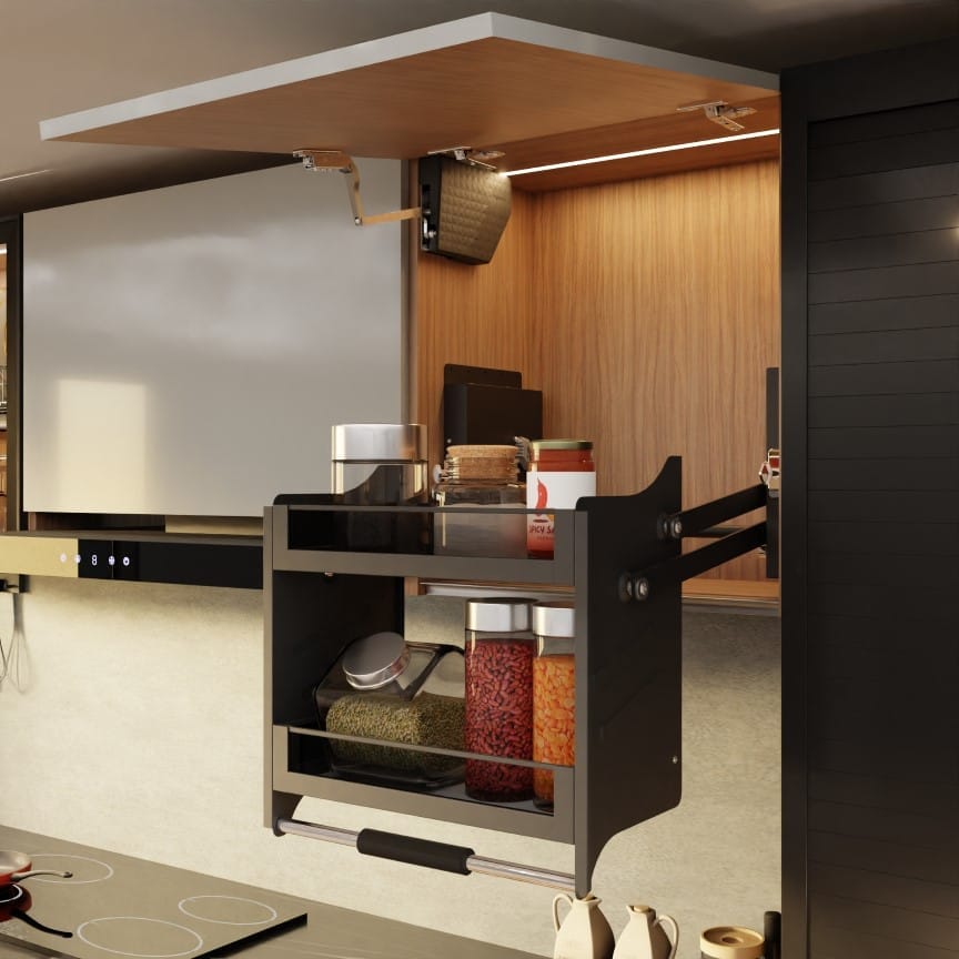 Ebco Livsmart Pulldown System for 900mm Wide Kitchen Cabinets Mechanism with Glass Baskets, KPDSG90-AT